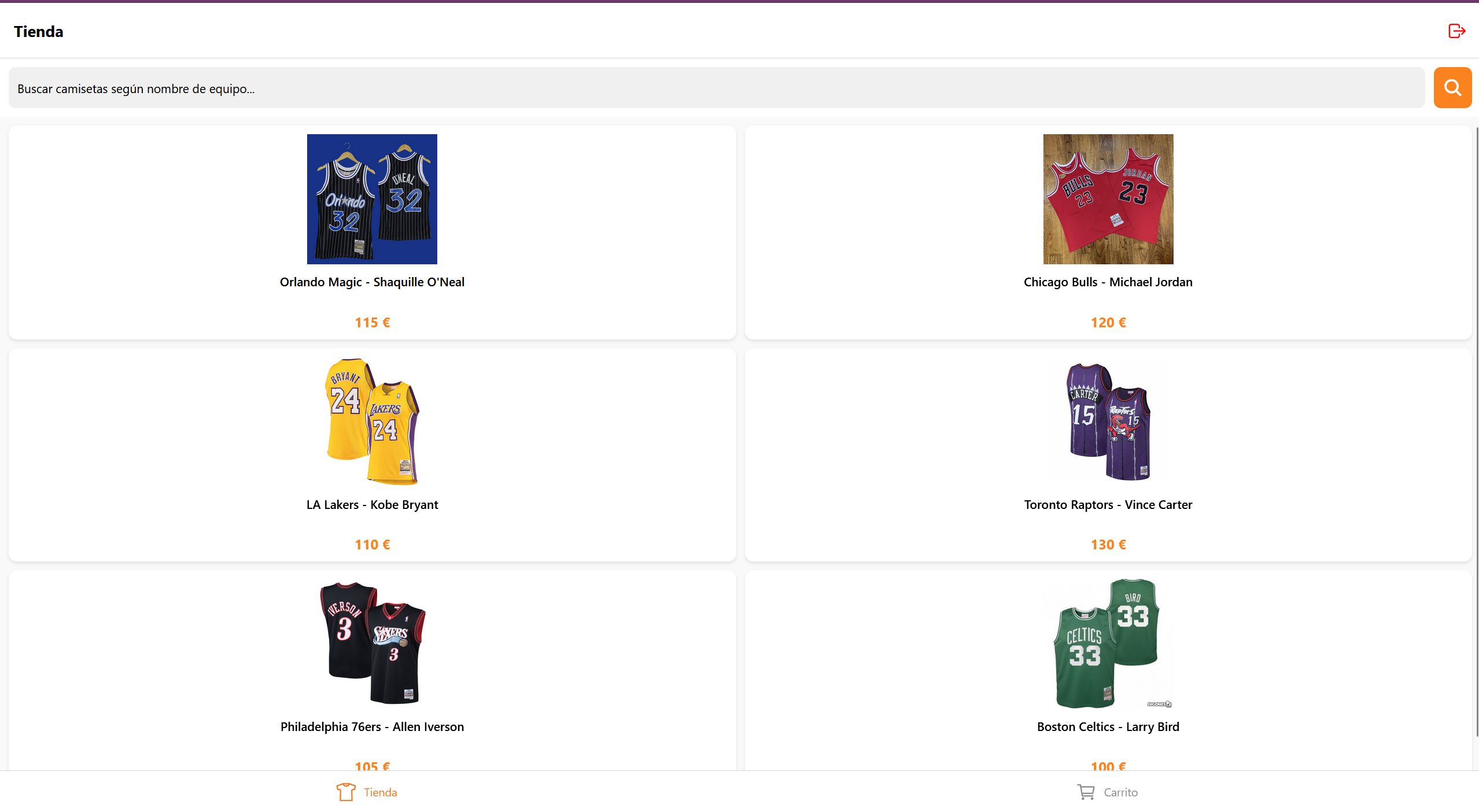 App de mercado electrónico de camisetas retro de la NBA hecha con React Native